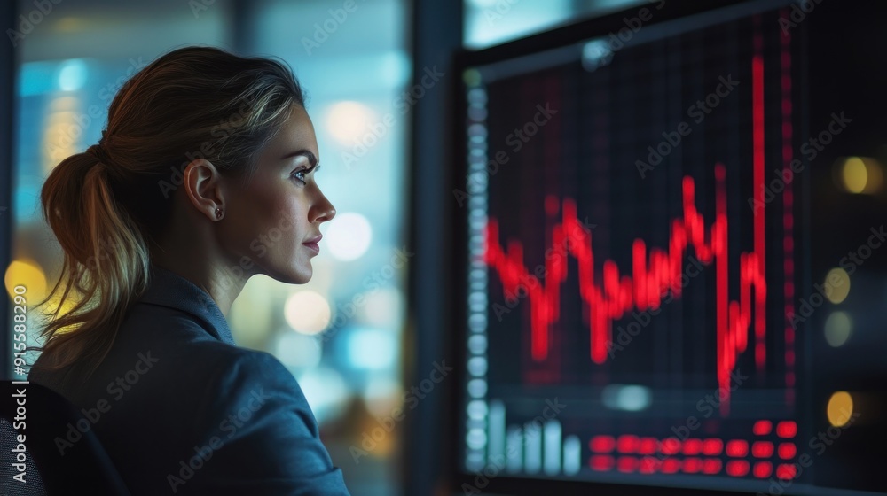 Woman Looking At Financial Data On Monitor Woman Looking At Financial Data On Monitor