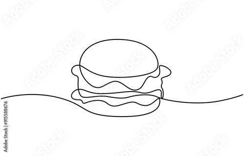 Continuous one line drawing of burger. Single line drawing of hamburger, Silhouette of fast food restaurant burger with cheese, cutlet and salad. Modern design street food logo, banner, Single line.