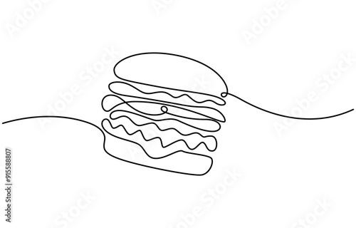 Continuous one line drawing of burger. Single line drawing of hamburger, Silhouette of fast food restaurant burger with cheese, cutlet and salad. Modern design street food logo, banner, Single line.