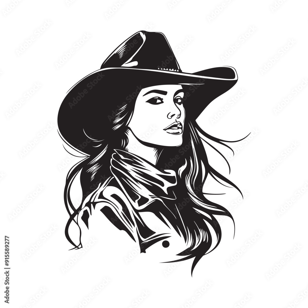 Beautiful Cowgirl Woman Black and White Vector Head Portrait Stock Vector Beautiful Cowgirl Woman Black and White Vector Head Portrait Stock Vector