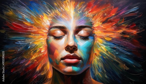 Vibrant portrait of a woman with colorful, flowing hair-like brush strokes, representing creativity and imagination against a dark background