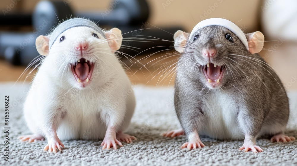 Two cute pet rats wearing matching headbands yawn on a rug, showing friendship and humor. White and grey rats with open mouths and whiskers look at the camera in a cozy indoor setting