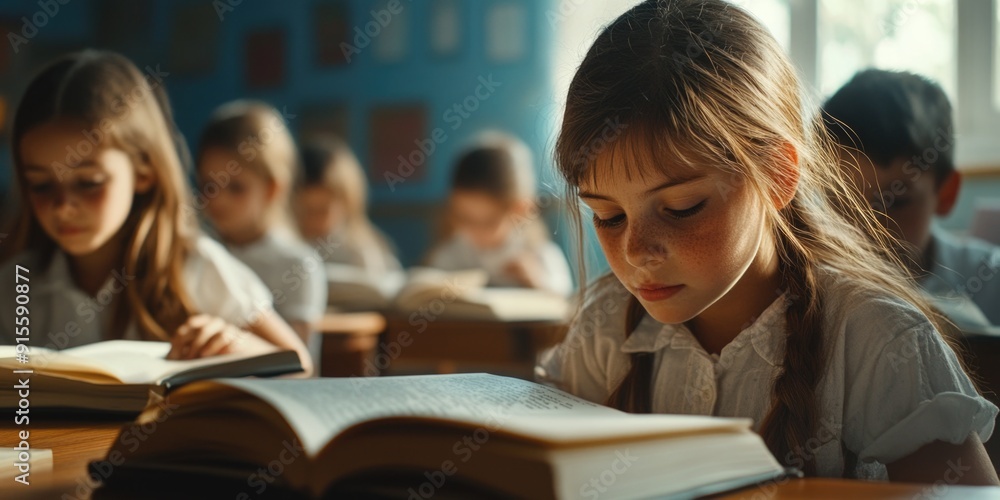 A girl sitting at her desk, focusing on her book A girl sitting at her desk, focusing on her book
