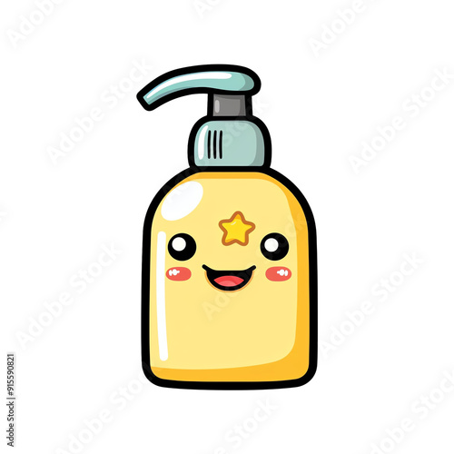 Cute and playful yellow soap dispenser with a smiling face, isolated on transparent background.