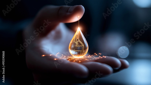 A conceptual image of a hand holding a glowing oil drop with electrical circuits surrounding it, symbolizing the integration of traditional oil energy with modern technology.