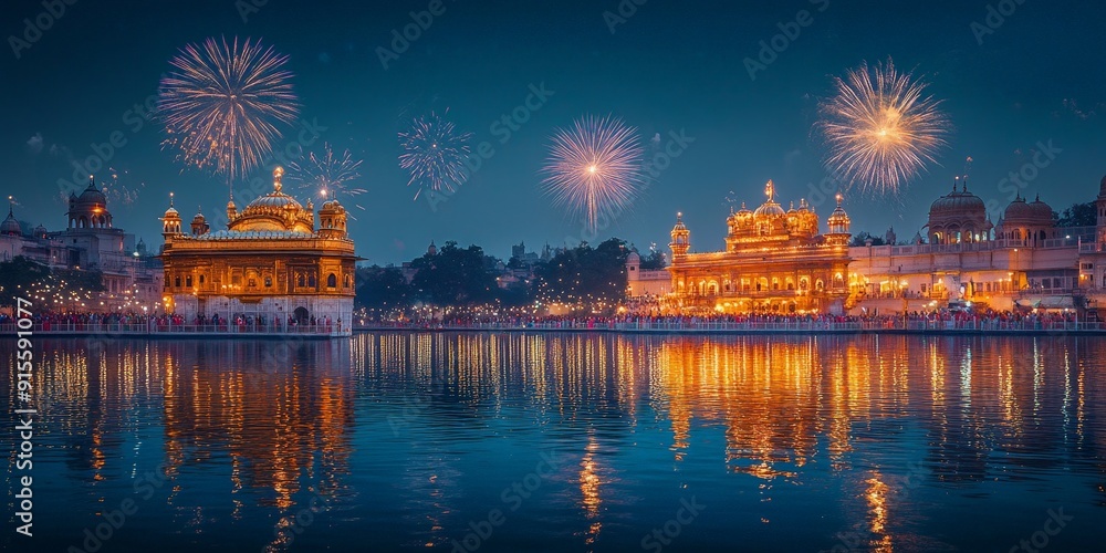 Fototapeta premium Festival with Fireworks and Traditional Architecture