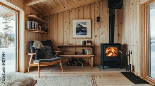Cozy Cabin Interior with Fireplace