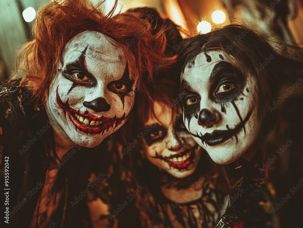 A pair of individuals dressed in clown costume and face paint, posing together A pair of individuals dressed in clown costume and face paint, posing together