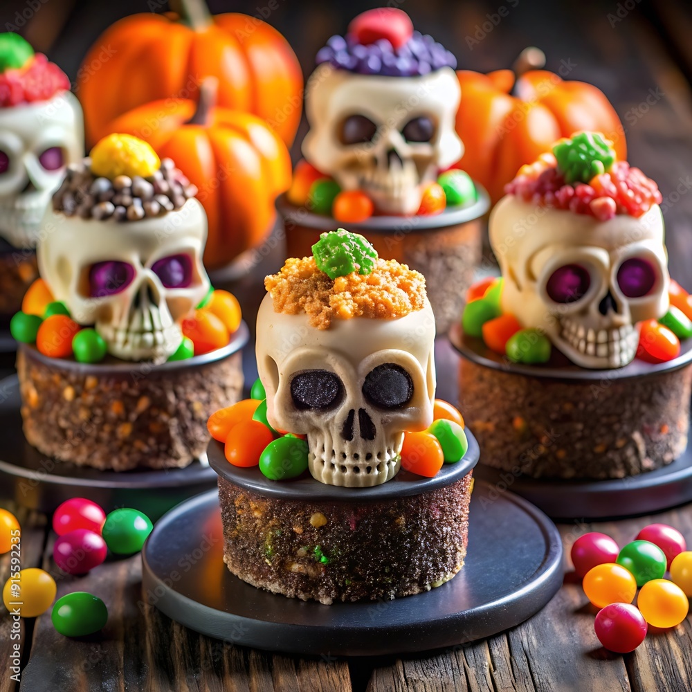 Skulls made by hand, made of sugar, decorated with colored glass and sequins, behind a lit candle. Placed in confetti and wood. Days of the dead Mexican tradition
Skulls made by hand, made of sugar, decorated with colored glass and sequins, behind a lit candle. Placed in confetti and wood. Days of the dead Mexican tradition