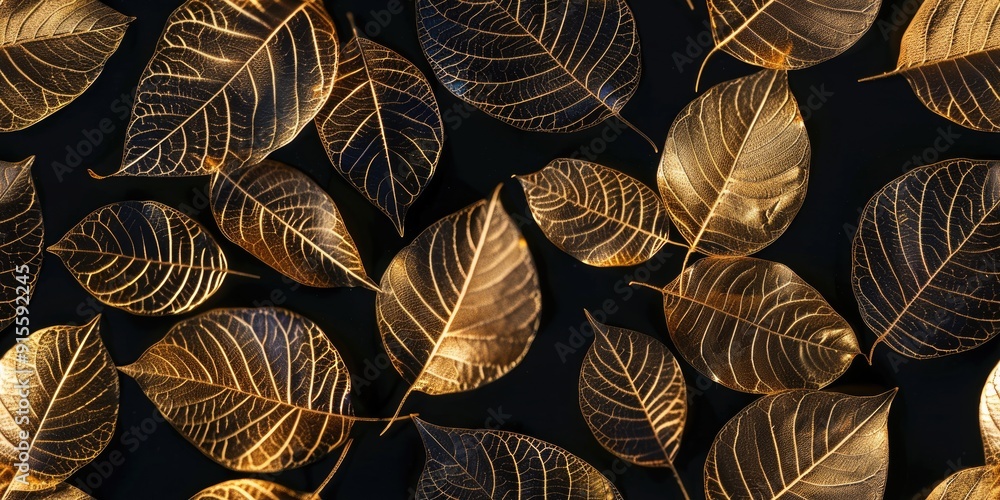 A captivating display of intricate gold and black leaves showcasing nature's artistry in vibrant detail A captivating display of intricate gold and black leaves showcasing nature's artistry in vibrant detail