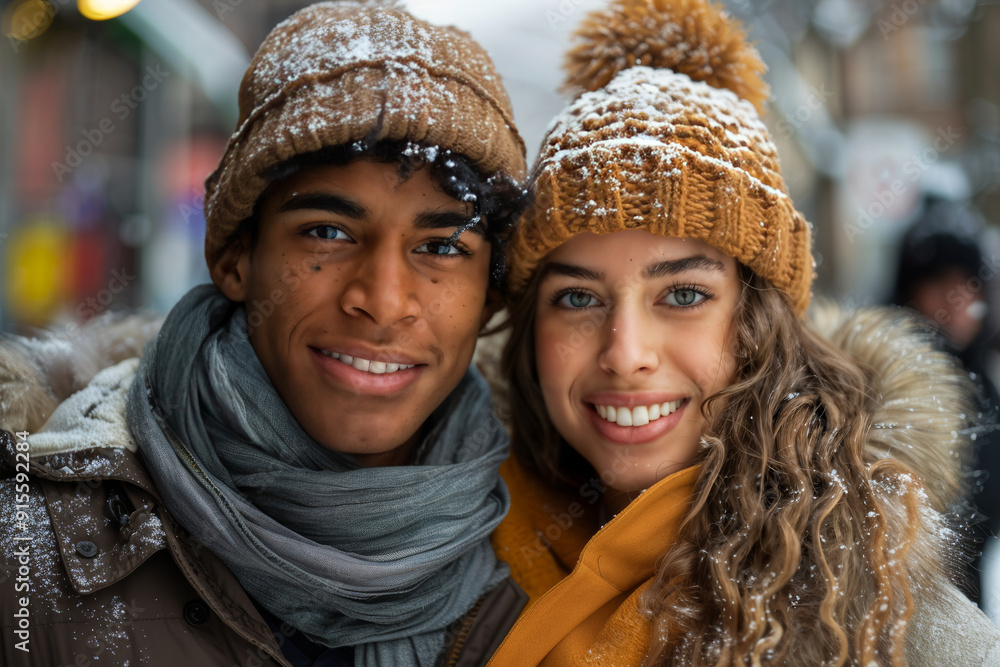 Happy couple in winter clothing enjoying snowfall together in an urban setting Happy couple in winter clothing enjoying snowfall together in an urban setting