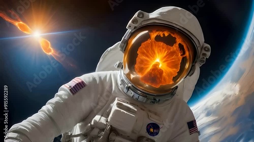 An astronaut witnessing a colossal solar flare from a space station. Shocked spaceman highlighted by a solar flare photo