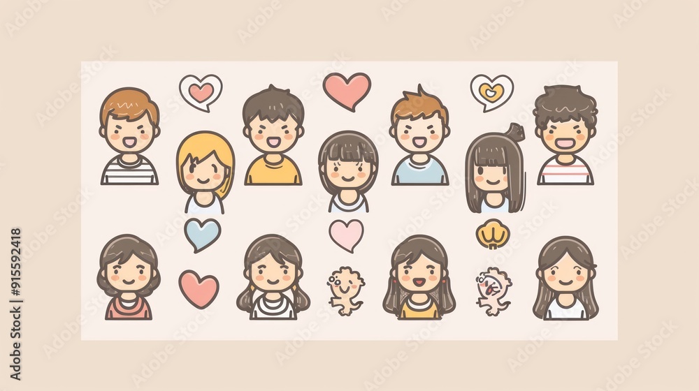 Cute cartoon characters with hearts illustration. Cute cartoon characters with hearts illustration.