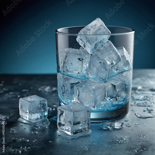 3d rendered a glass of blue liquid drink with ice cubes ai photo