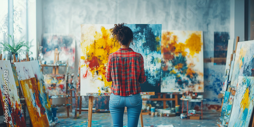 Joy of Creation. An artist stands in their bright studio, surrounded by their colorful canvases, radiating pure joy and passion for their craft.