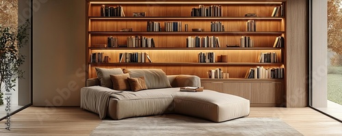 Reading nook in the living room, integrated into modern decor with comfortable seating and a well-organized bookshelf photo