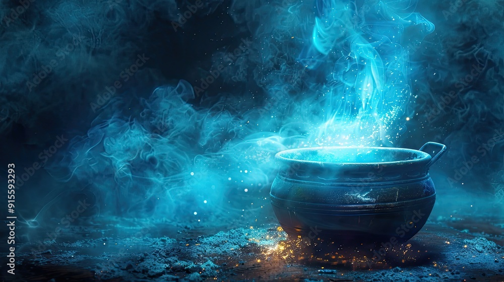 A mystical blue cauldron emits vibrant smoke, creating an enchanting atmosphere perfect for fantasy themes and magical storytelling. A mystical blue cauldron emits vibrant smoke, creating an enchanting atmosphere perfect for fantasy themes and magical storytelling.