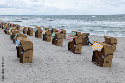 Beach with beach chairs. Wustrow. Die Bodden. Mecklenburg Vorpommern East Germany. Baltic sea coast.
