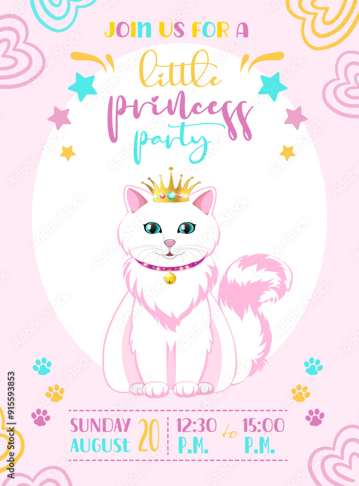 The invitation card for the birthday of a little princess with the cute white and fluffy kitty. Cute children's drawing with funny princess cat. The invitation card for the birthday of a little princess with the cute white and fluffy kitty. Cute children's drawing with funny princess cat.