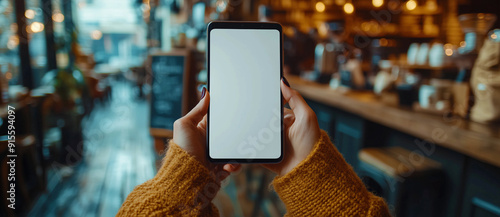 Femme utilisant une maquette de téléphone portable à écran blanc vierge dans un restaurant à des fins publicitaires et commerciales.
 photo