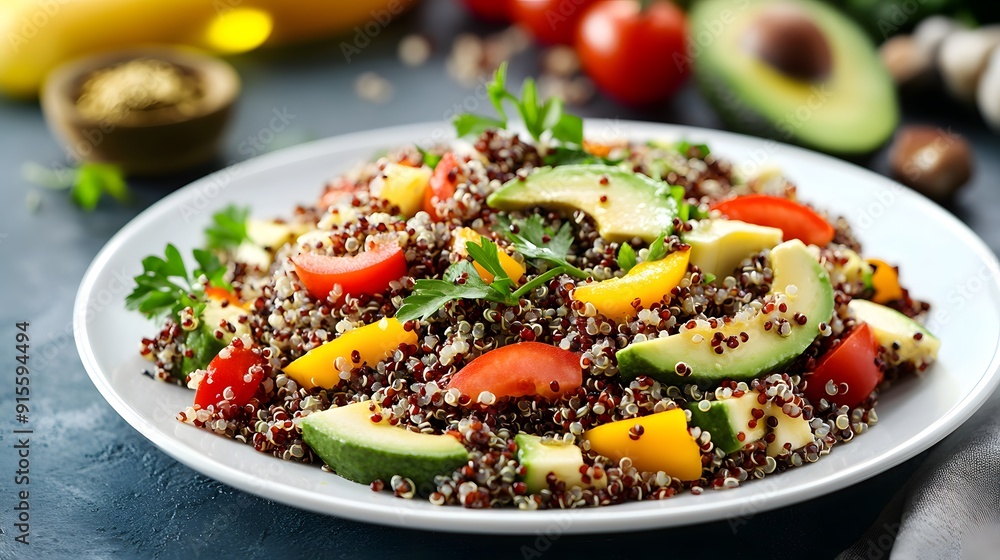 A quinoa salad with colorful vegetables, avocado slices, and a drizzle of olive oil, arranged on a white plate, emphasizing its wholesome ingredients and vibrant presentation A quinoa salad with colorful vegetables, avocado slices, and a drizzle of olive oil, arranged on a white plate, emphasizing its wholesome ingredients and vibrant presentation
