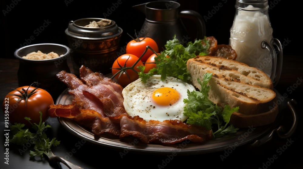 Premium Food Photography of Breakfast, Bread, Fried Eggs, and Ham. Premium Food Photography of Breakfast, Bread, Fried Eggs, and Ham.
