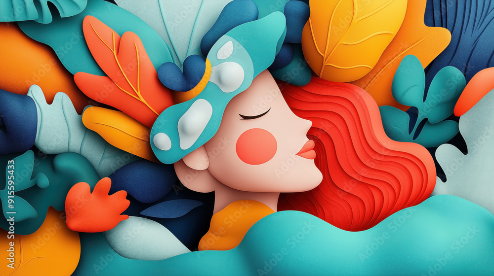 Naklejka premium Abstract illustration of a woman with closed eyes, red wavy hair, surrounded by colorful, organic shapes resembling leaves and floral elements.