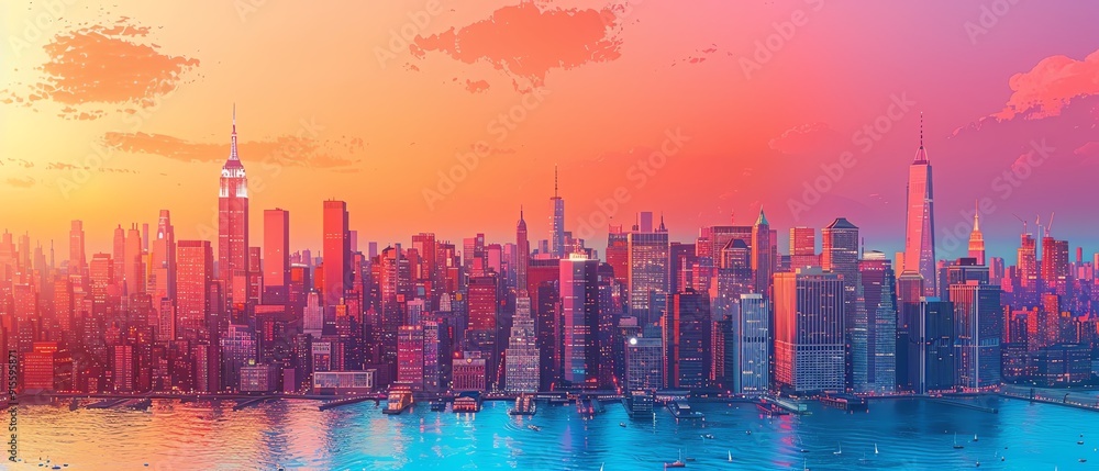 Animated cityscape, vibrant colors, clear sky, bustling scene Animated cityscape, vibrant colors, clear sky, bustling scene