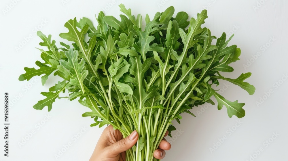Refreshing Arugula Harvest: Hand Picking Fresh Greens on White Background Refreshing Arugula Harvest: Hand Picking Fresh Greens on White Background