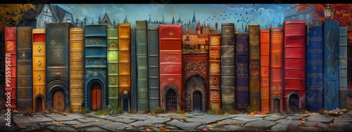 Giant books create a whimsical street scene with buildings seated on top, showcasing an imaginative blend of literature and architecture.