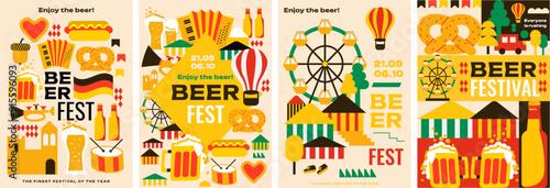 4 modern posters for Oktoberfest! National colors, beer mugs, pretzels, hotdogs, musical instruments, a fair and lots of beer. A4 vector templates are ideal for advertising this event.