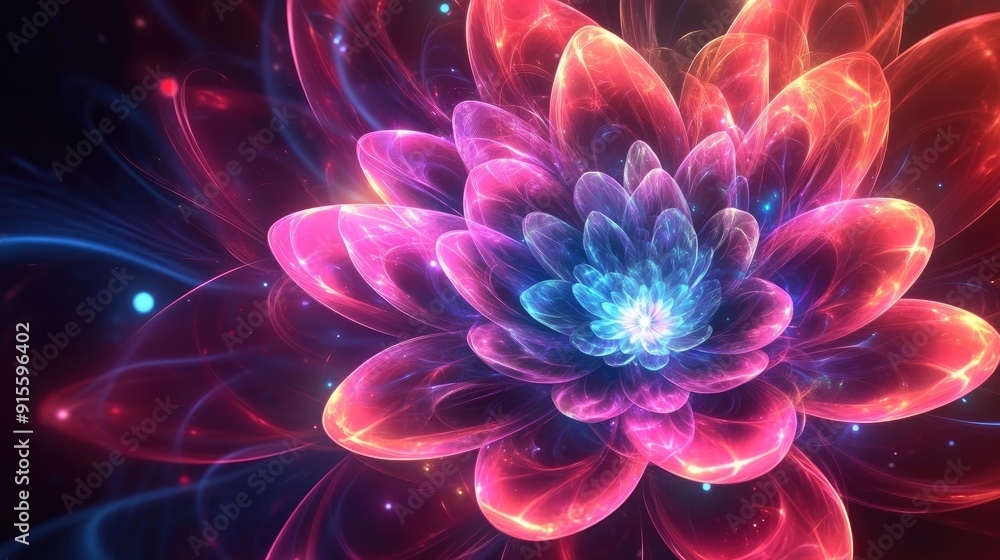 Shining dynamic neon flowers with pink, purple, and blue elements on a dark red background, radiating powerful energy for meditation Shining dynamic neon flowers with pink, purple, and blue elements on a dark red background, radiating powerful energy for meditation