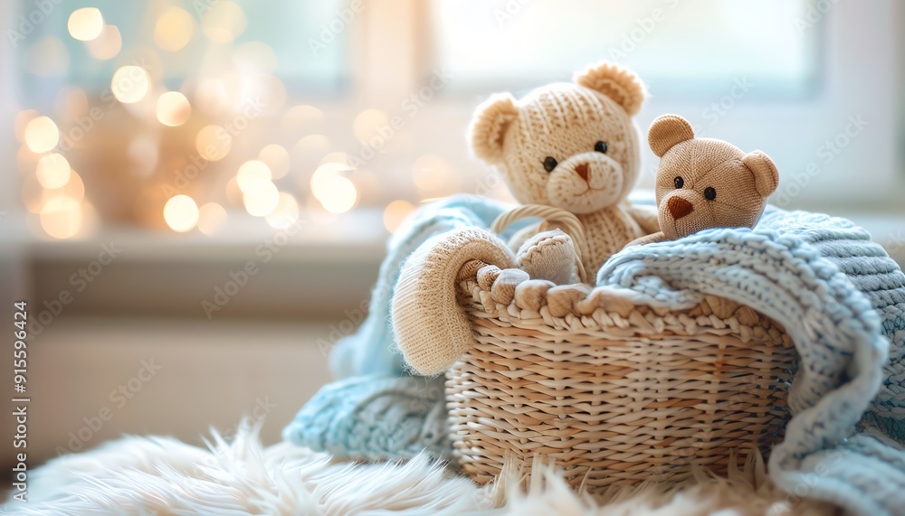 Basket of baby clothes and toys, soft daylight, cozy setting, pastel colors Basket of baby clothes and toys, soft daylight, cozy setting, pastel colors