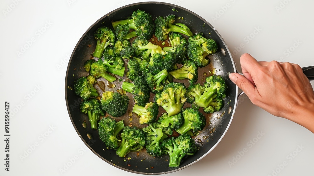 Hand holding pan with sauteed broccoli florets Hand holding pan with sauteed broccoli florets