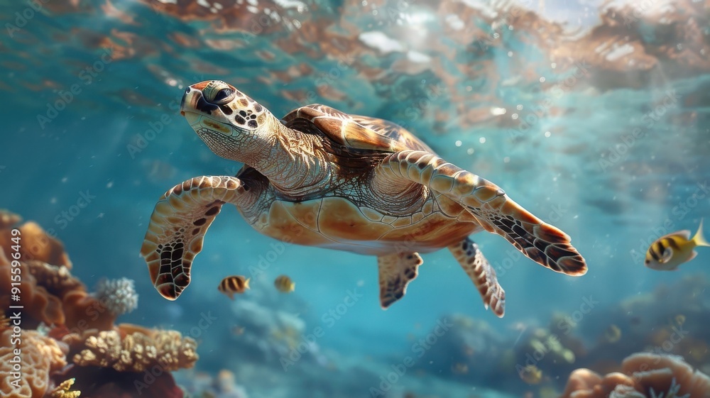 Fototapeta premium Distinguished sea turtle in suit gliding through coral reef.