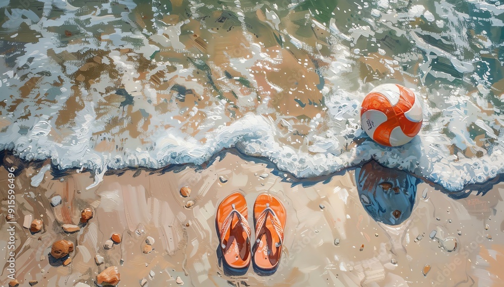 Obraz premium Beach scene with ball and flipflops, bright sunlight, playful and summery