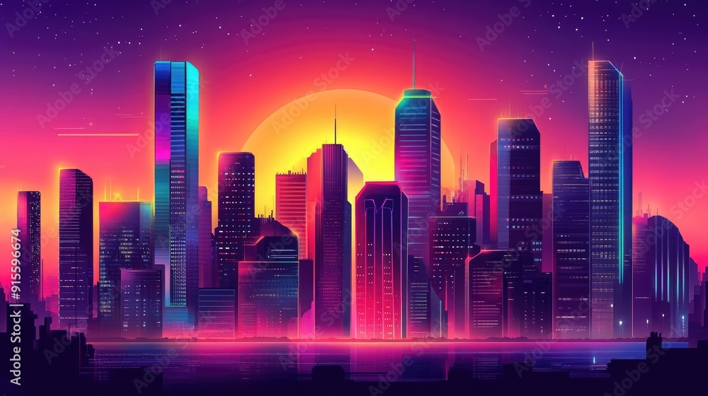 Fototapeta premium Stylized cityscape at sunset, futuristic skyscrapers with colorful windows, sleek design elements