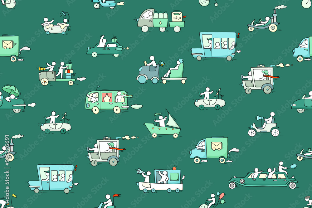 Kids seamless pattern with cute cars and transport. Baby boy print with funny trucks, cars, taxi, school bus, bicycle and boat with doodle drivers, vector sketch illustration Kids seamless pattern with cute cars and transport. Baby boy print with funny trucks, cars, taxi, school bus, bicycle and boat with doodle drivers, vector sketch illustration