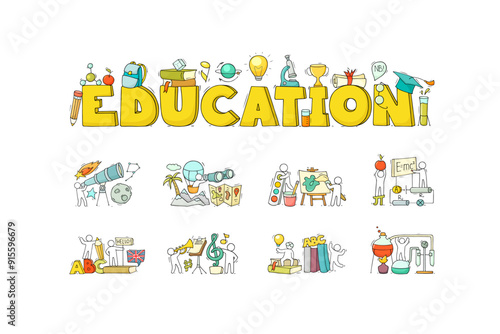 Education subjects icons with symbols of math, physics, astronomy and chemistry. Vector cartoon set of art, music, technology, sport and literature lessons and students. People with education equipmen