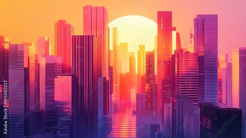 Fototapeta premium Sunset over a futuristic cityscape, colorful skyscrapers with sleek windows, modern urban design