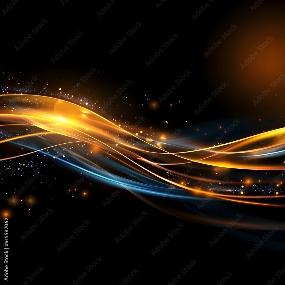 Obraz premium Black background, golden and blue light waves with blurred edges and a glowing effect. The high resolution image has high quality glowing lines and a light yellow glow. The curved gold line is on the 