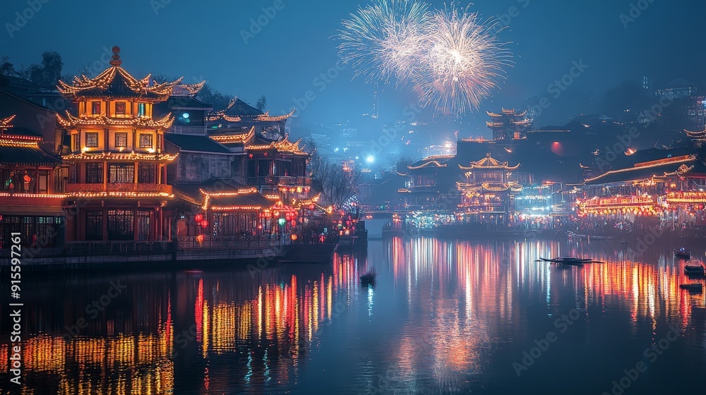Obraz premium Festival with Fireworks and Traditional Architecture