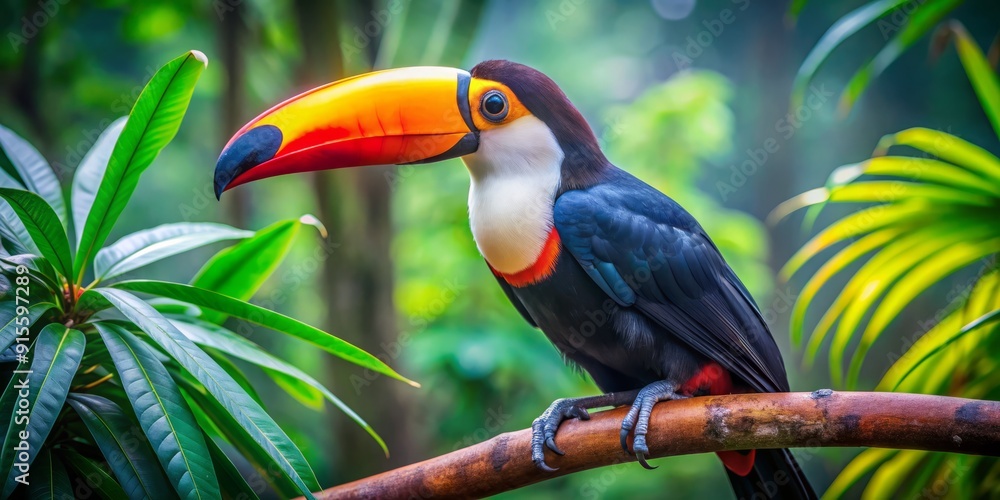 Obraz premium Vibrant Toco Toucan bird perches on a branch, showcasing its brightly colored beak and plumage, surrounded by lush green foliage in a tropical rainforest setting.