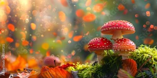 Autumn Forest Mushrooms on Mossy Ground, Nature Scene Background