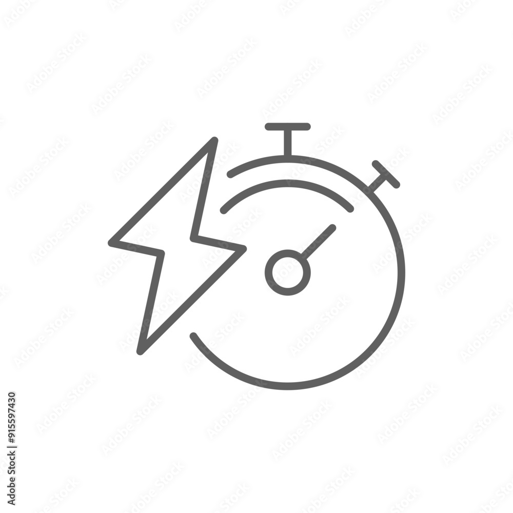 Charge time icon. Simple outline style. Lightning and stopwatch, boost, car, charging, electric vehicle, battery, technology concept. Thin line symbol. Vector illustration isolated. Editable stroke. Charge time icon. Simple outline style. Lightning and stopwatch, boost, car, charging, electric vehicle, battery, technology concept. Thin line symbol. Vector illustration isolated. Editable stroke.