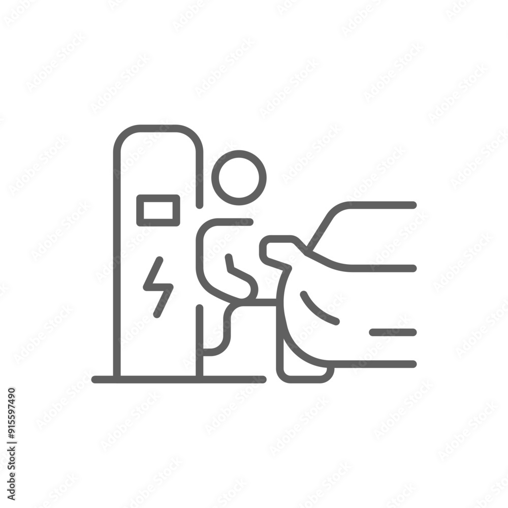 Man charging car icon. Simple outline style. Electric vehicle, charge, station, ev, eco, green energy, environment, technology concept. Thin line symbol. Vector illustration isolated. Editable stroke. Man charging car icon. Simple outline style. Electric vehicle, charge, station, ev, eco, green energy, environment, technology concept. Thin line symbol. Vector illustration isolated. Editable stroke.