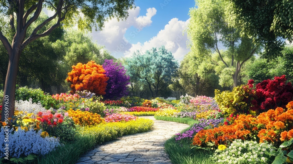 Fototapeta premium Fantasy-style garden featuring colorful flowers, vibrant trees, and lush greenery under a sunny sky