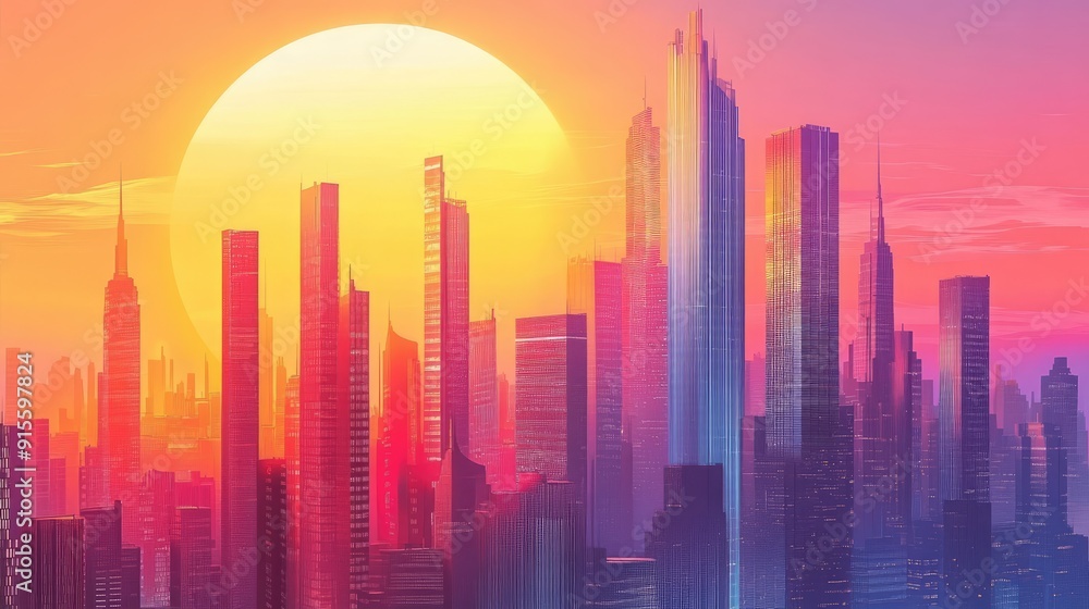Futuristic city at sunset, colorful skyscrapers with sleek windows, modern design, vibrant illustration Futuristic city at sunset, colorful skyscrapers with sleek windows, modern design, vibrant illustration