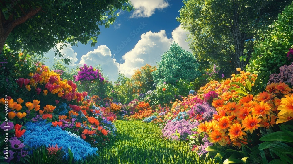 Magical garden scene with colorful flowers, lush greenery, and vibrant trees under a sunny sky Magical garden scene with colorful flowers, lush greenery, and vibrant trees under a sunny sky