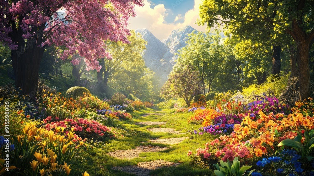 Magical garden scene with colorful flowers, lush greenery, and vibrant trees under a sunny sky Magical garden scene with colorful flowers, lush greenery, and vibrant trees under a sunny sky